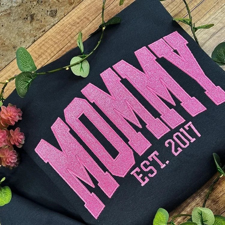 Custom Embroidered Glitter Mommy Sweatshirt With Kids Names For Mother's Day