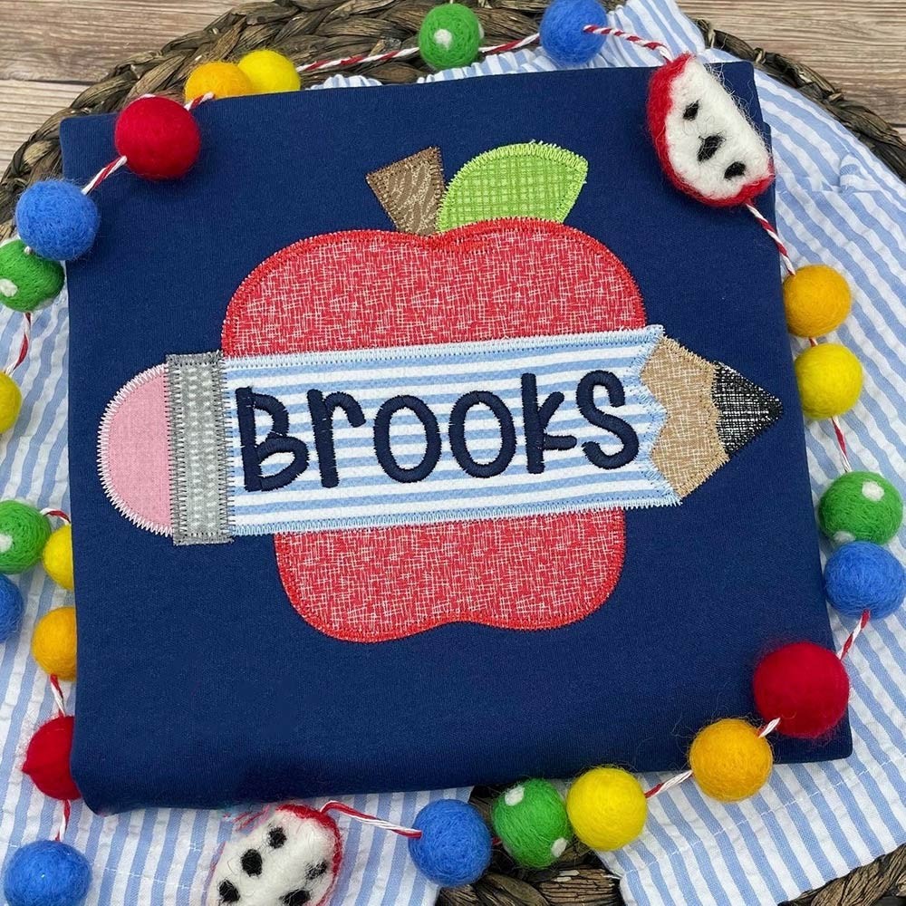 Personalized Embroidered Apple Pencils First Day Back to School Shirt For Kids