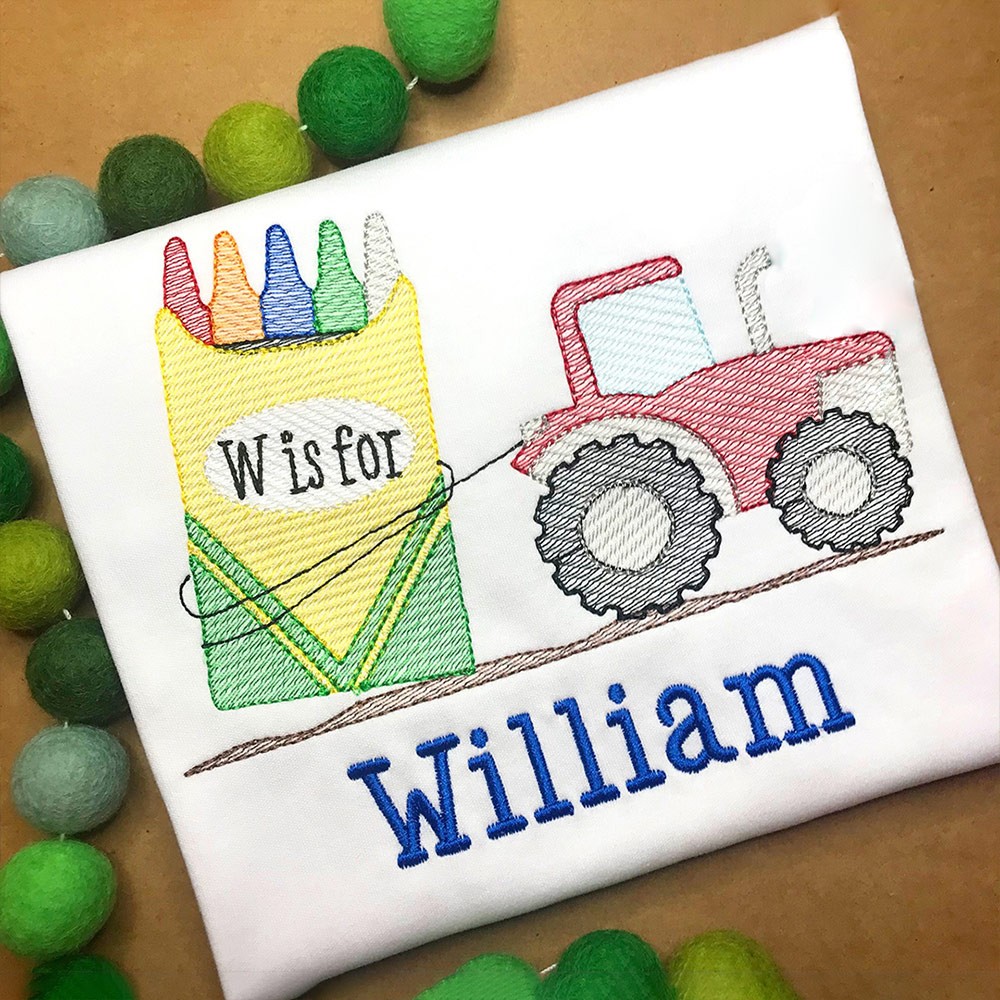 Personalized Embroidered Tractor Crayon Applique First Day Back to School Kindergarten Shirt For Kids