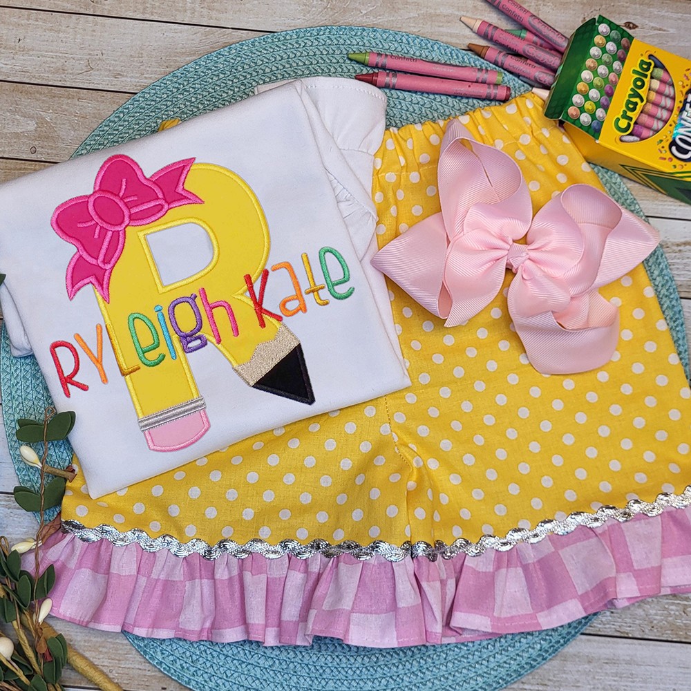 Personalized Girls Initial Embroidered Shirt and Shorts Outfit Back to School Gift For Kids