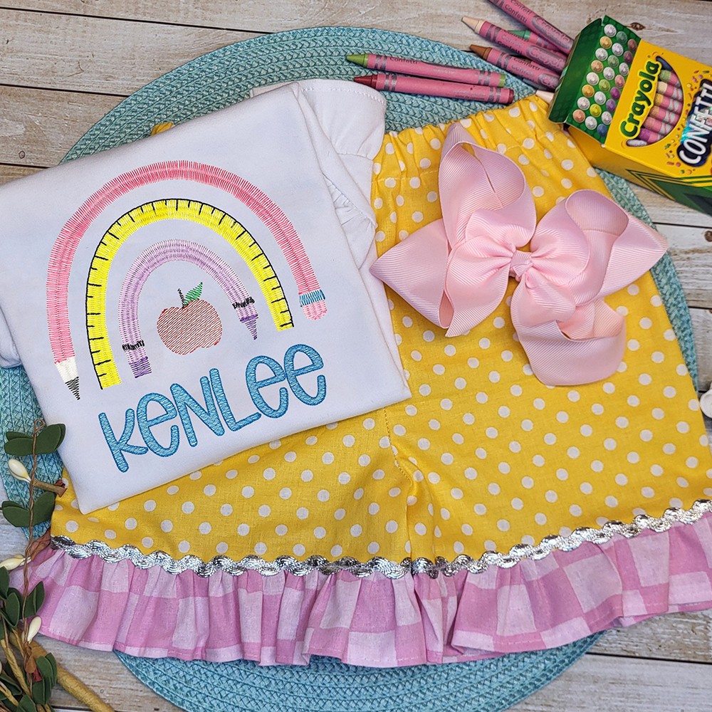 Personalized Girls Embroidered Pencils Shirt and Shorts Outfit Back to School Gift For Kids