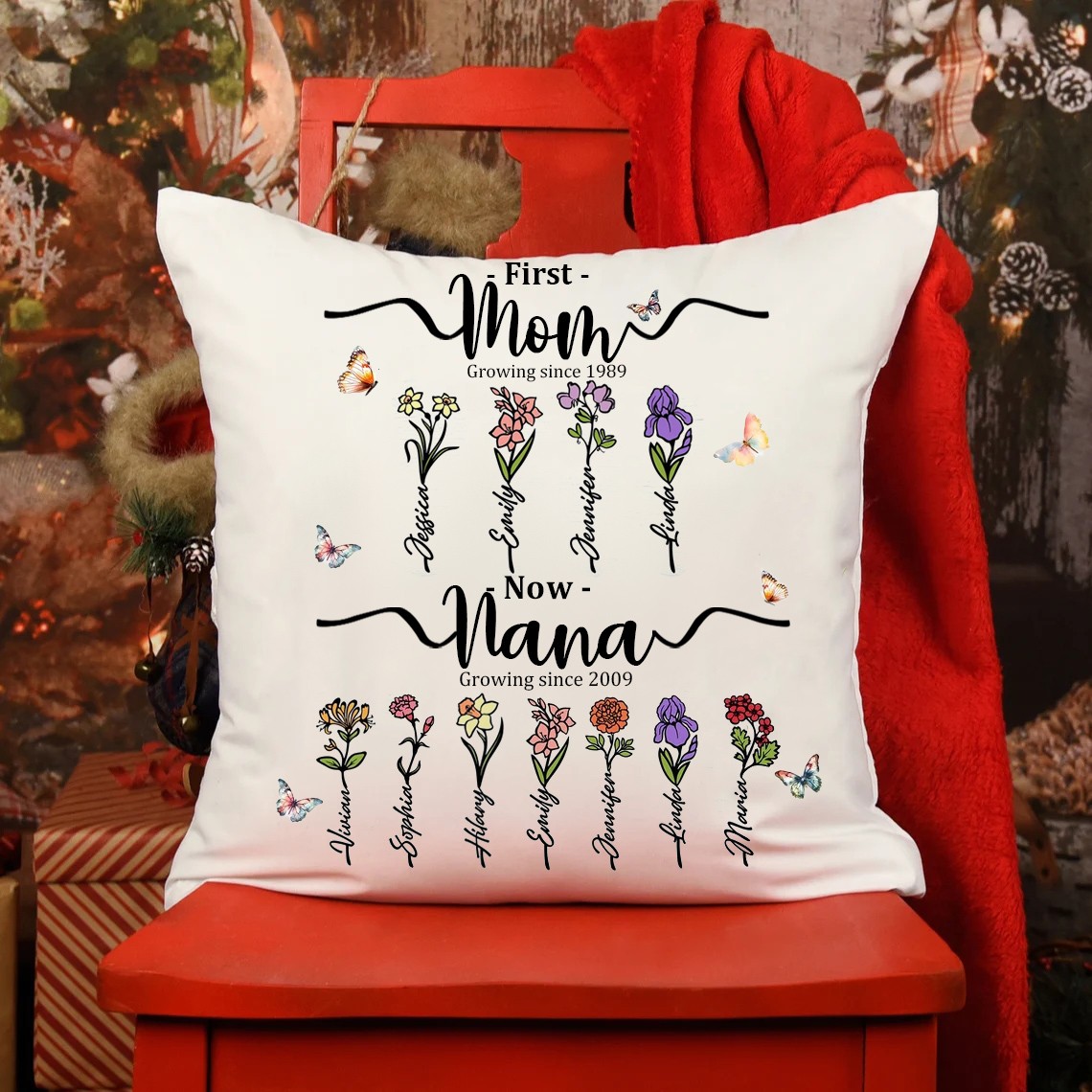 Personalized Grandma's Garden Birth Flower Pillow With Grandkids Name For Mother's Day
