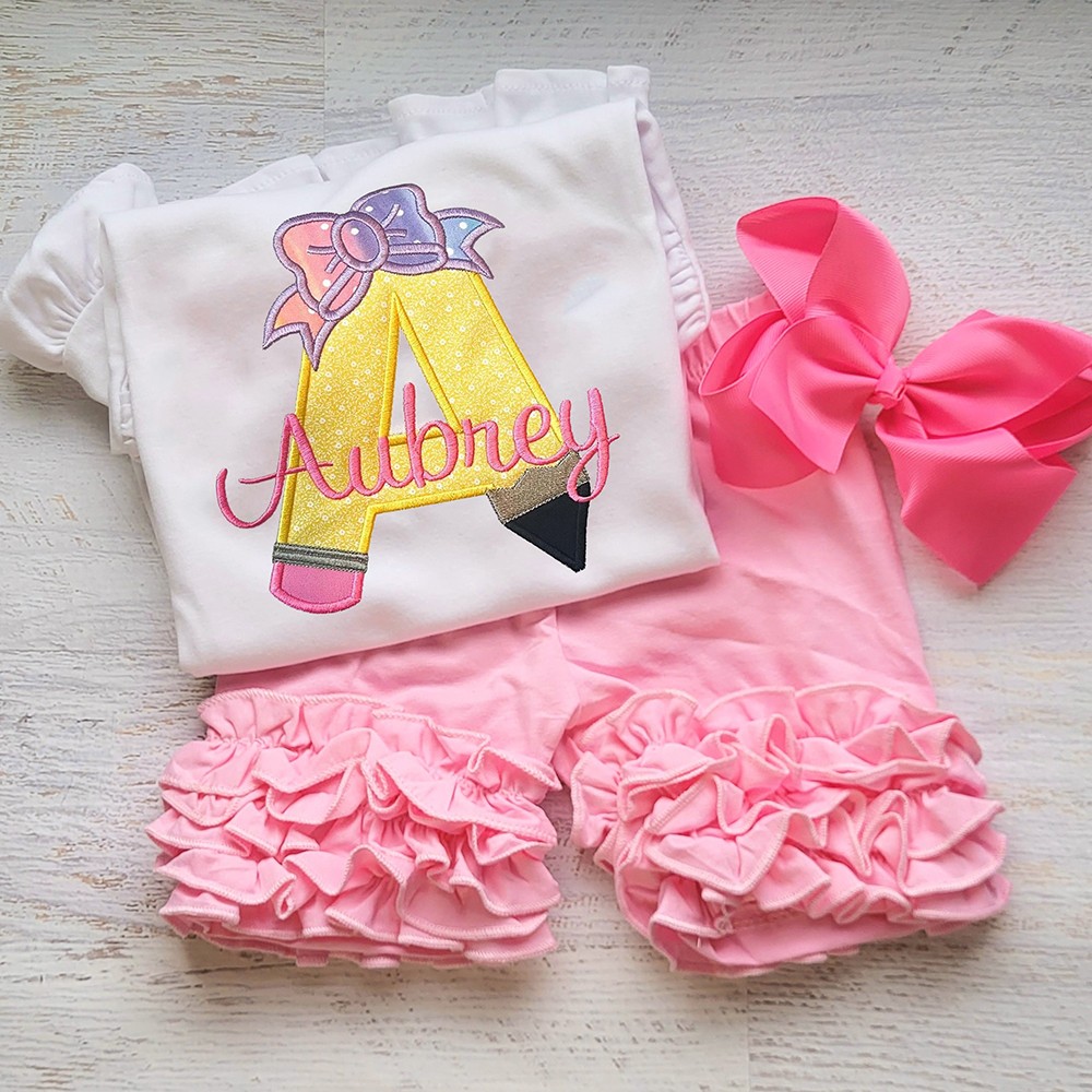 Personalized Girls Initial Embroidered Shirt and Shorts Outfit Back to School Gift For Kids