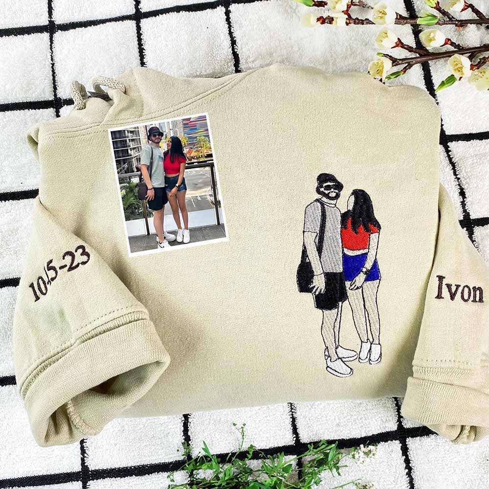 Personalized Embroidered Coloful Portrait Sweatshirt with Photo Outline For Couple Valentine's Day