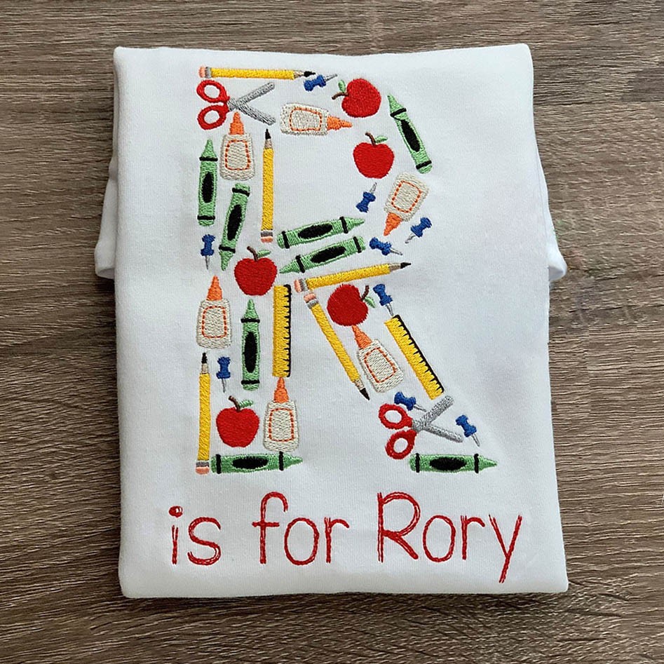 Personalized Initial Embroidered First Day Back to School Kindergarten Shirt For Kids