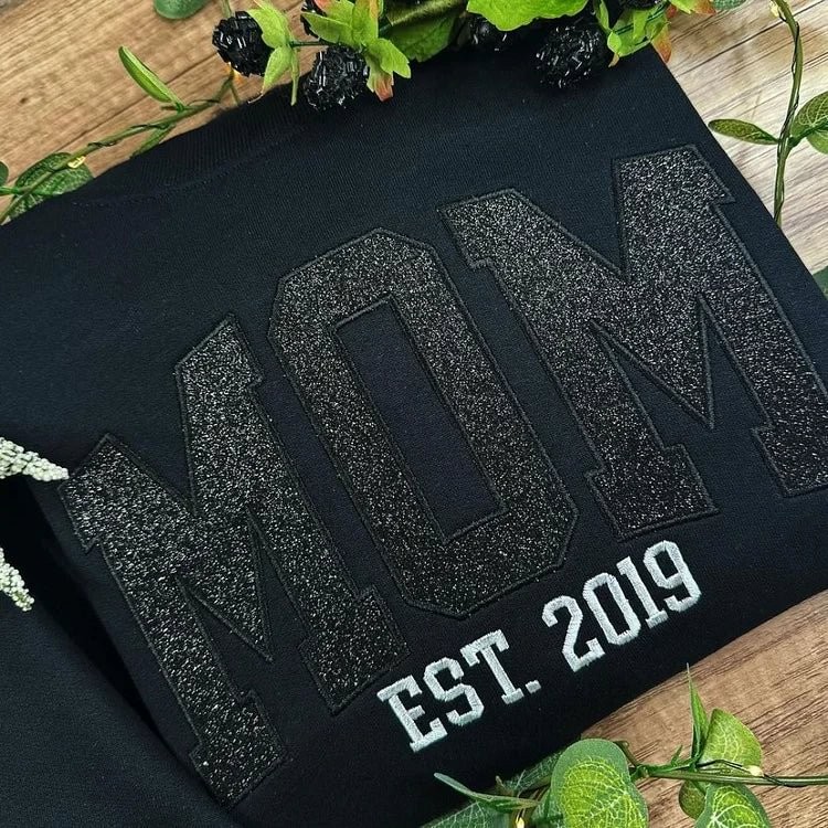 Custom Embroidered Glitter Mom Sweatshirt With Kids Names For Mother's Day