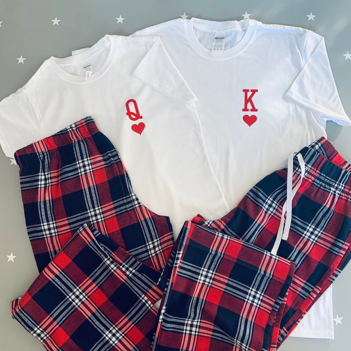 King and Queen of Hearts Matching Couple Pyjamas, Tartan Flannel Set