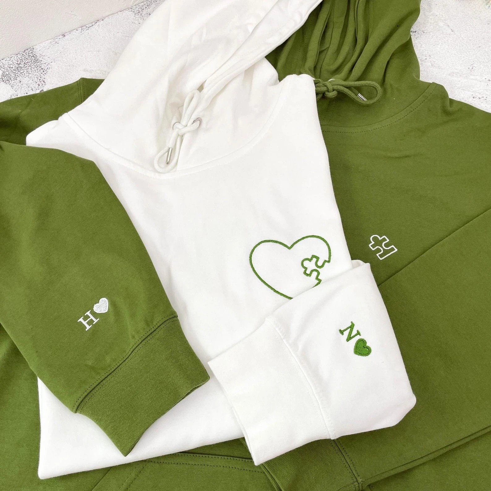 Embroidered Heart and Puzzle Piece Matching Couple Sweatshirt | Initial with Heart On Sleeve | 1st Anniversary Gift | Valentine Gift for Him