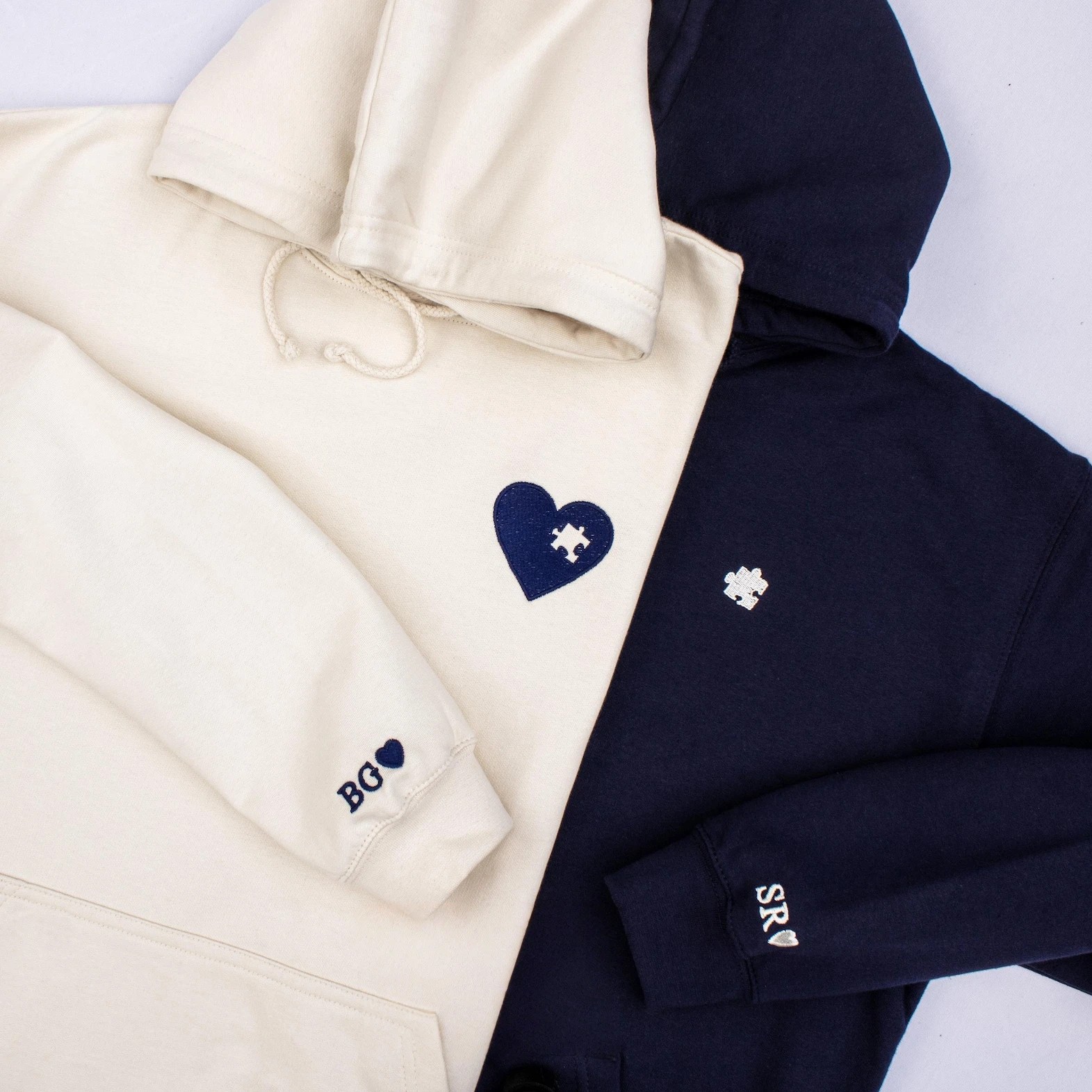 Embroidered Heart and Puzzle Piece Sweatshirt with Initials on Sleeve Anniversary Gift Custom Couple Hoodie Valentines Day Anniversary Gift