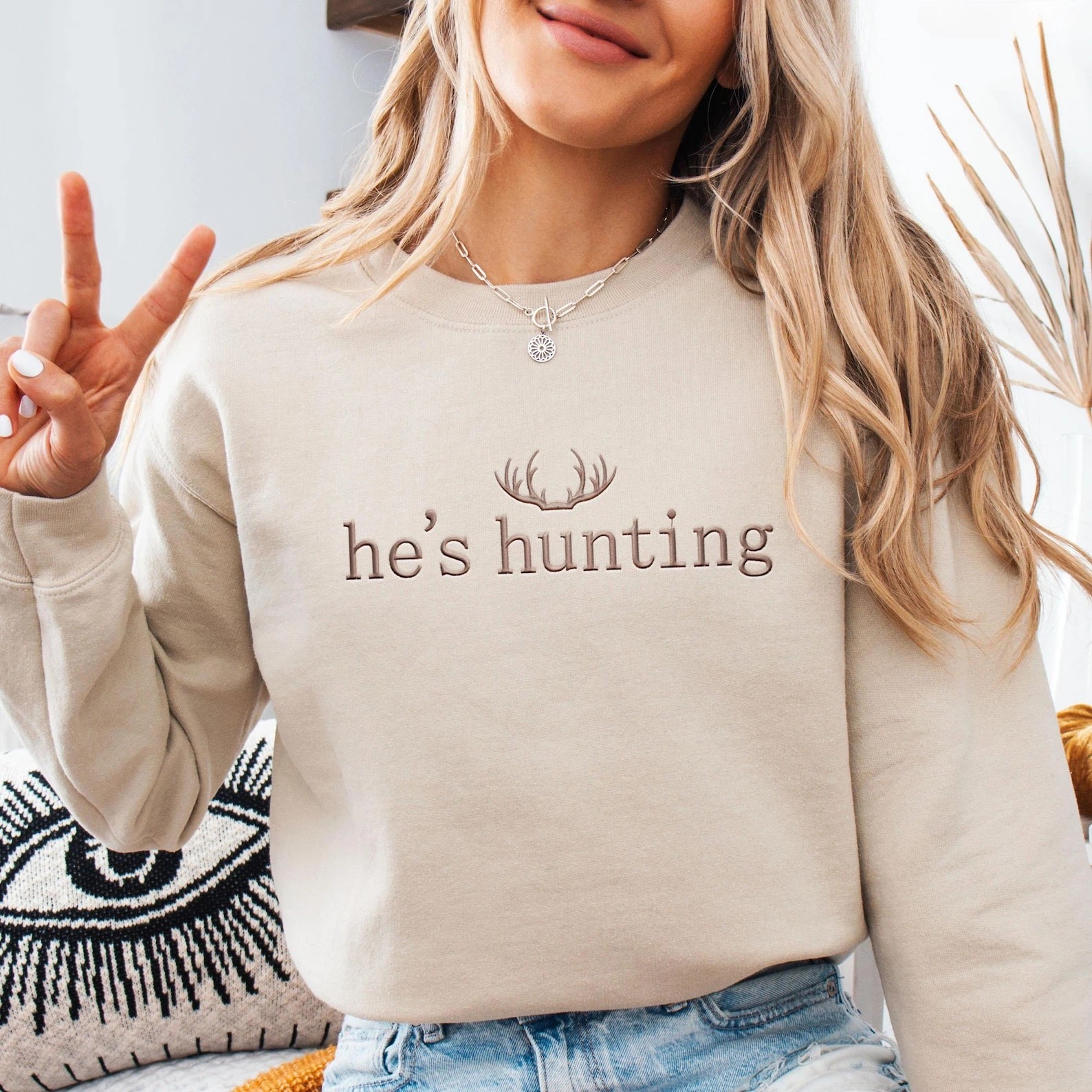 Embroidered He's Hunting Sweatshirt, Hunting Season Wife,Man Shirt, Gift for Hunters, Hunting Lover Deer Sweater