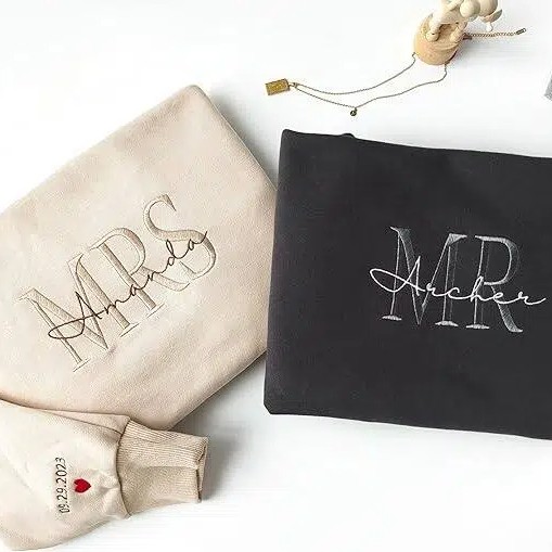 Custom Embroidered Mr & Mrs Sweatshirt & Hoodie, Personalized Couple Names, Custom Anniversary Date On Sleeve With Heart, Gifts For Wife, Husband, Gift For Anniversary, Couple Gifts