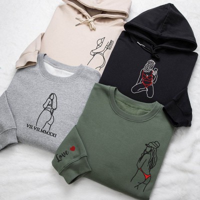 Personalized Embroidered Portrait Sweatshirt with Photo Outline For Couple Valentine's Day