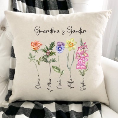 Custom Grandma's Garden Birth Flower Pillow With Grandkids Name For Mother's Day