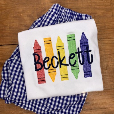 Personalized Embroidered Crayons First Day Back to School Kindergarten Shirt For Kids