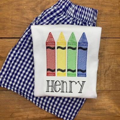 Personalized Embroidered Crayons Shirt and Shorts Outfit Back to School Gift For Kids