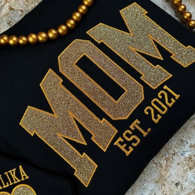 Custom Embroidered Glitter Mom Sweatshirt With Kids Names For Mother's Day