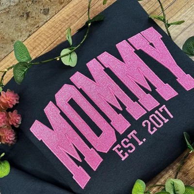 Custom Embroidered Glitter Mommy Sweatshirt With Kids Names For Mother's Day