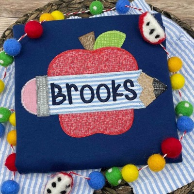 Personalized Embroidered Apple Pencils First Day Back to School Shirt For Kids