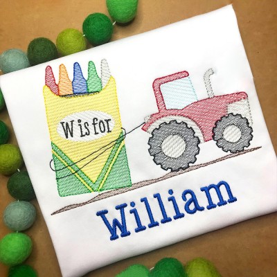 Personalized Embroidered Tractor Crayon Applique First Day Back to School Kindergarten Shirt For Kids