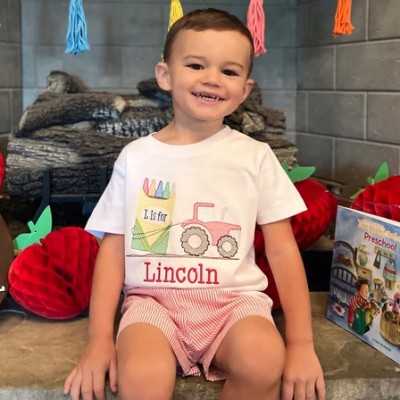 Personalized Embroidered Tractor Crayon Applique First Day Back to School Kindergarten Shirt For Kids