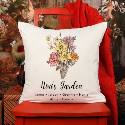 Personalized Mom's Garden Birth Flower Pillow With Kids Name For Mother's Day