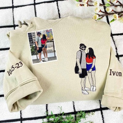 Personalized Embroidered Coloful Portrait Sweatshirt with Photo Outline For Couple Valentine's Day