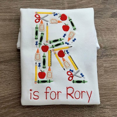 Personalized Initial Embroidered First Day Back to School Kindergarten Shirt For Kids