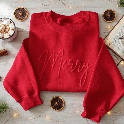Personalized Christmas Sweatshirt with Name on Sleeve, Puff Letter Winter Sweater, Christmas Crewneck, Family Holiday Sweater, Family Gift