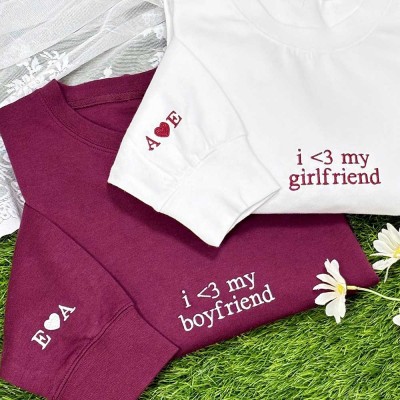 Personalized Embroidered Sweatshirt Hoodie With Initial On Sleeve For Couple Christmas Valentine's Day