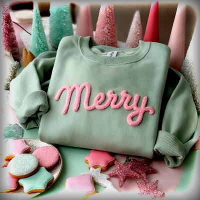 Personalized Chenille YARN EMBROIDERED Sweatshirt Hoodie Chrismas Gift for Family