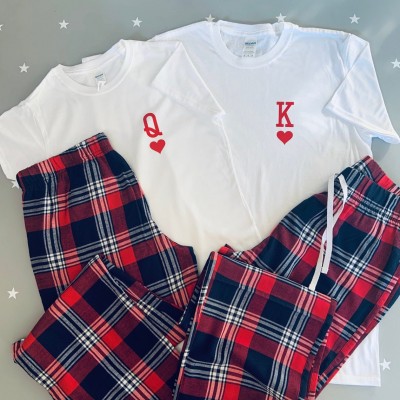 King and Queen of Hearts Matching Couple Pyjamas, Tartan Flannel Set