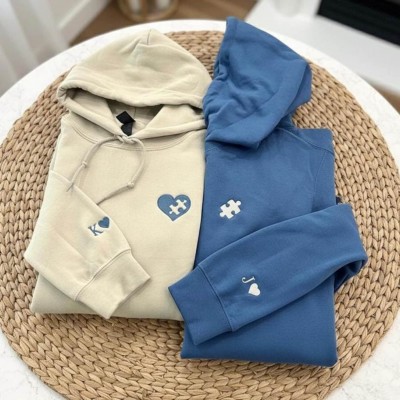 Custom Embroidered Couple Sweatshirt, Custom Initial With Heart On Sleeve Crewneck, Embroidered Puzzle Piece Shirt, Anniversary Gift