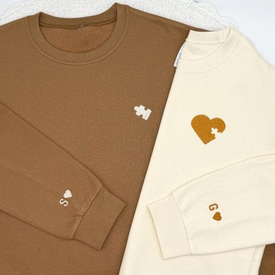 Embroidered Couples Sweatshirt, Puzzle Heart, Initials Sleeve, Anniversary Gift