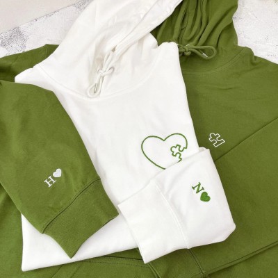 Embroidered Heart and Puzzle Piece Matching Couple Sweatshirt | Initial with Heart On Sleeve | 1st Anniversary Gift | Valentine Gift for Him