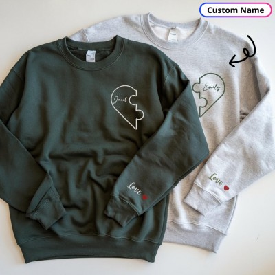 Custom Embroidered Heart Puzzle Sweatshirt, Valentines Couple Hoodie
