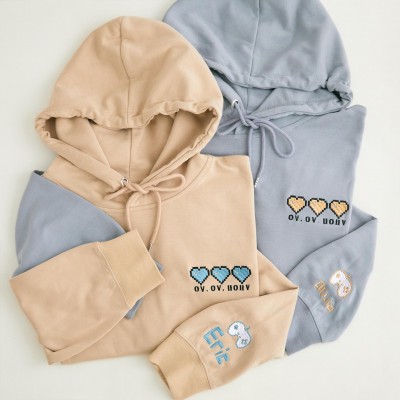 Personalized Gamer Couple Hoodies, Pixel Hearts Sweatshirt, Custom Roman Numerals Date, Anniversary Gift, Cozy Matching Couple Outfit