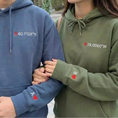 Personalized Coordinates Embroidered Couple Hoodies, Custom Location Sweatshirt With Initial Heart Sleeve, Anniversary Valentine Gift
