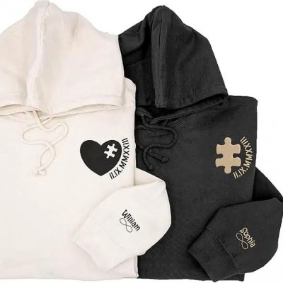 Custom Embroidered Perfect Heart and Puzzle Piece Roman Numeral Sweatshirt Hoodie, Custom Name For Couple, Letter Name On Sleeve, Matching Couples Hoodies
