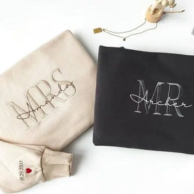 Custom Embroidered Mr & Mrs Sweatshirt & Hoodie, Personalized Couple Names, Custom Anniversary Date On Sleeve With Heart, Gifts For Wife, Husband, Gift For Anniversary, Couple Gifts