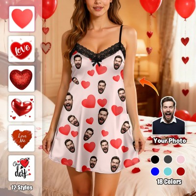 Custom Satin Lace Nightgown Red Glitter Heart Love Print Expressive Face Pattern Sleeveless Sleepwear Gift For Her Valentine's Day Gifts