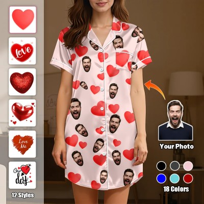 Custom Short Sleeve Satin Nightgown Red Glitter Heart Love Print Animated Face Pattern Button Front Sleepwear Gift For Her