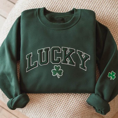 Personalized Embroidered Lucky Sweatshirt With Three-Leaf Clover For St Patrick's Day