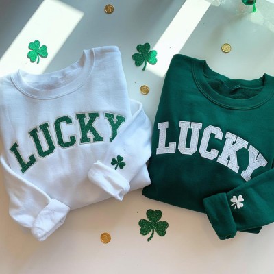 Personalized Embroidered Glitter Lucky Sweatshirt With Three-Leaf Clover For St Patrick's Day