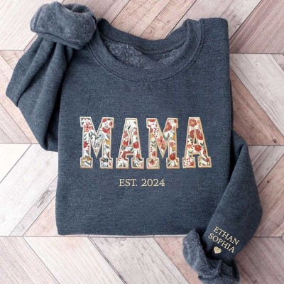 Custom Embroidered Mama Sweatshirt With Kids Names For Mother's Day