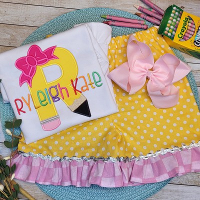 Personalized Girls Initial Embroidered Shirt and Shorts Outfit Back to School Gift For Kids