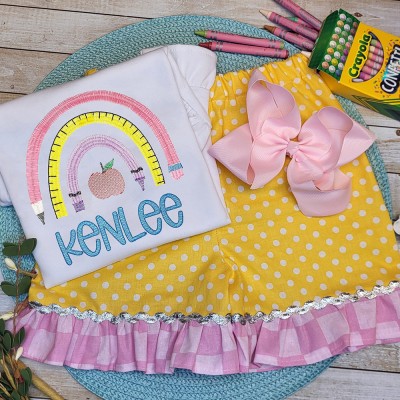 Personalized Girls Embroidered Pencils Shirt and Shorts Outfit Back to School Gift For Kids