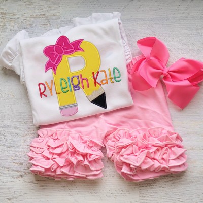 Personalized Girls Initial Embroidered Shirt and Shorts Outfit Back to School Gift For Kids