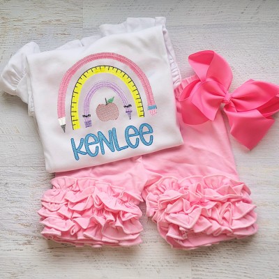 Personalized Girls Embroidered Pencils Shirt and Shorts Outfit Back to School Gift For Kids
