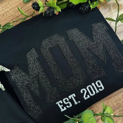 Custom Embroidered Glitter Mom Sweatshirt With Kids Names For Mother's Day