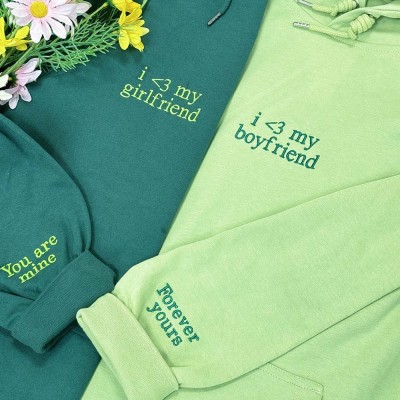 Personalized Embroidered Sweatshirt Hoodie With Text On Sleeve For Couple Christmas Valentine's Day